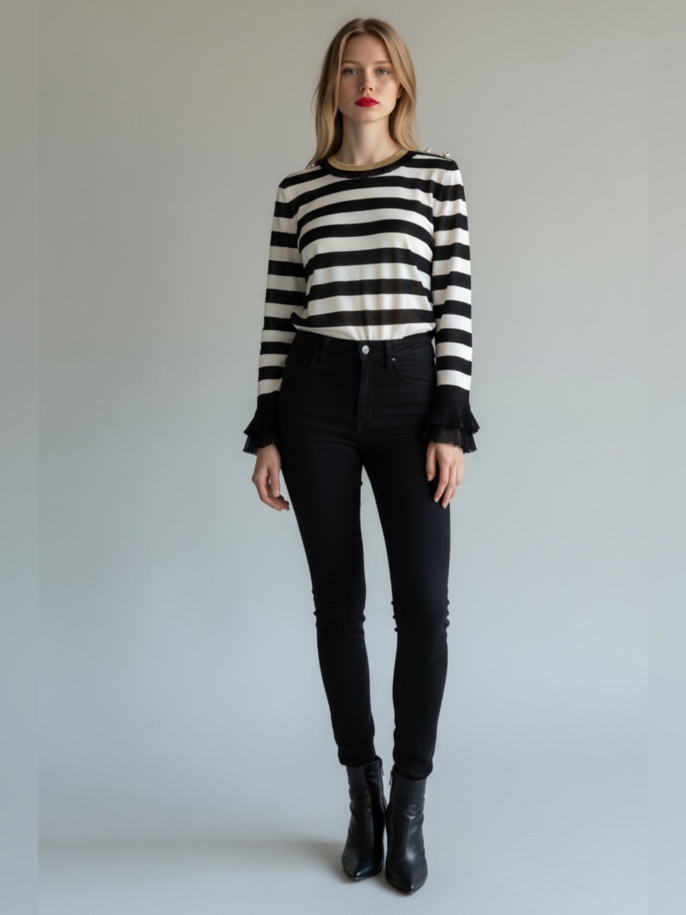 Gucci Black & White Striped Long-Sleeve Knit Top with Gold-Trim
